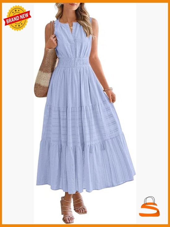 Dresses & Skirts - Sleeveless V-Neck Maxi Dress with Pockets Flowy Boho Casual Beach Vacation
